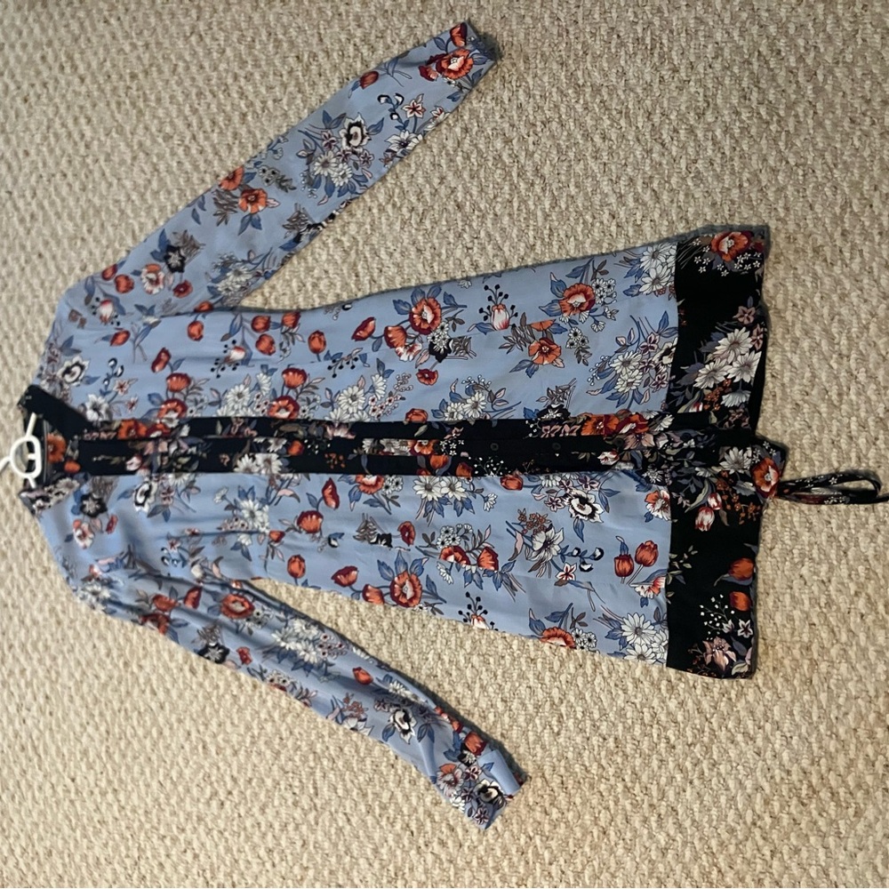 Maeve Light Blue Floral Long Sleeve Dress with Black Trim